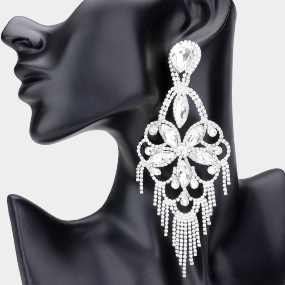 Marquise Stone Flower Accented Chandelier Evening Earrings